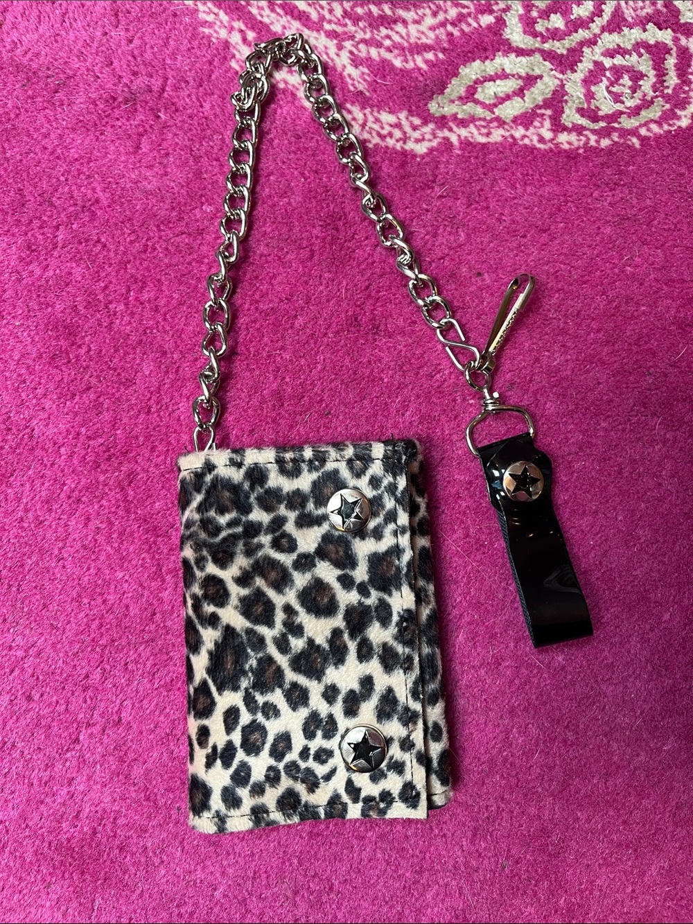 Y2K Goth fuzzy leopard print + black vinyl chain wallet